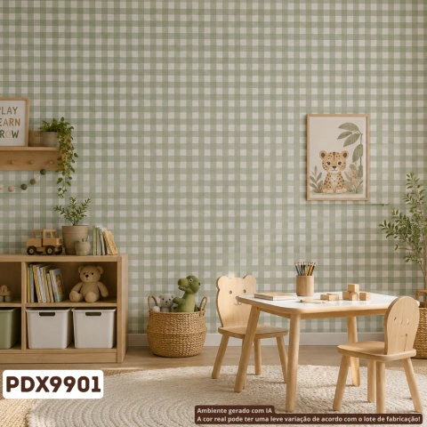 Papel De Parede Importado Vinílico Lavável Xadrez Verde Erva Doce Fundo Off PDX9901 Rolo 9,5 MT