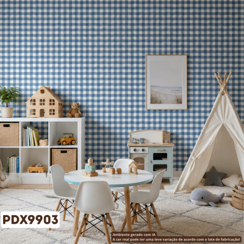 Papel De Parede Importado Vinílico Lavável Xadrez Azul Marinho Fundo Off PDX9903 Rolo 9,5 MT
