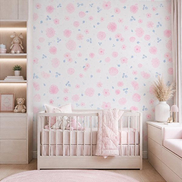 Papel de Parede Personalizado Infantil Afeto Delicado Floral Azul Sob Medida