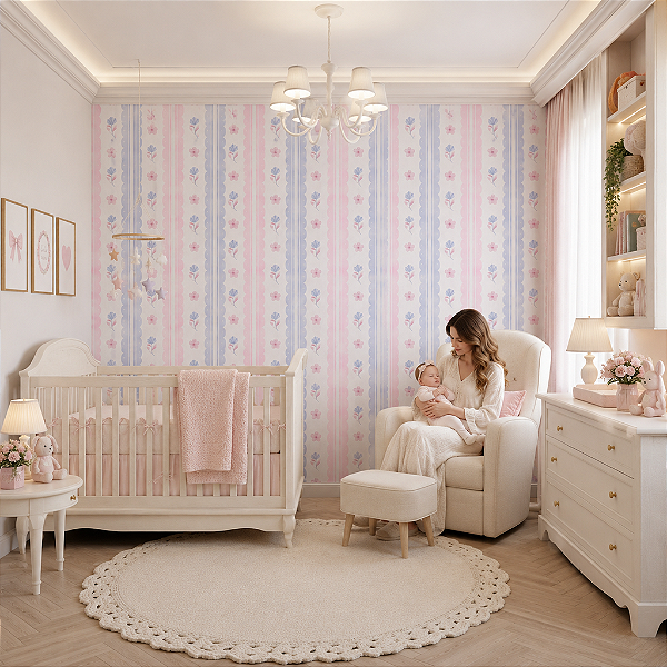 Papel de Parede Personalizado Infantil Babados e Tulipas Rosa e Azul Sob Medida