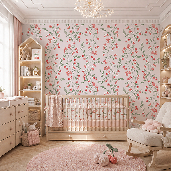 Papel de Parede Personalizado Infantil Encanto Cereja Rosa Sob Medida