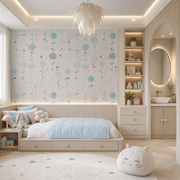 Papel de Parede Personalizado Infantil Flores Abstratas Azul Sob Medida
