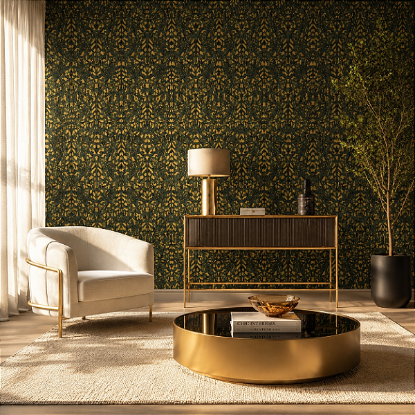 Papel De Parede Importado Vinílico Lavável Abstrato Verde com Dourado CC-000908P Rolo 9,5 MT