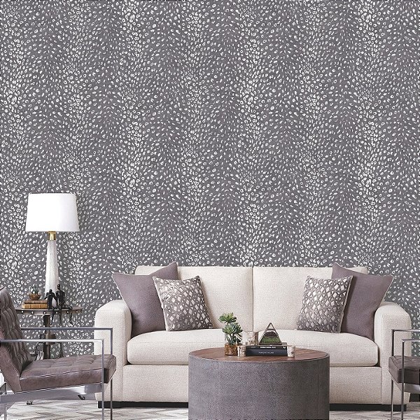 Papel De Parede Importado Vinílico Lavável Animal Print Fundo Cinza Arrocheado com Prata CC-001008P