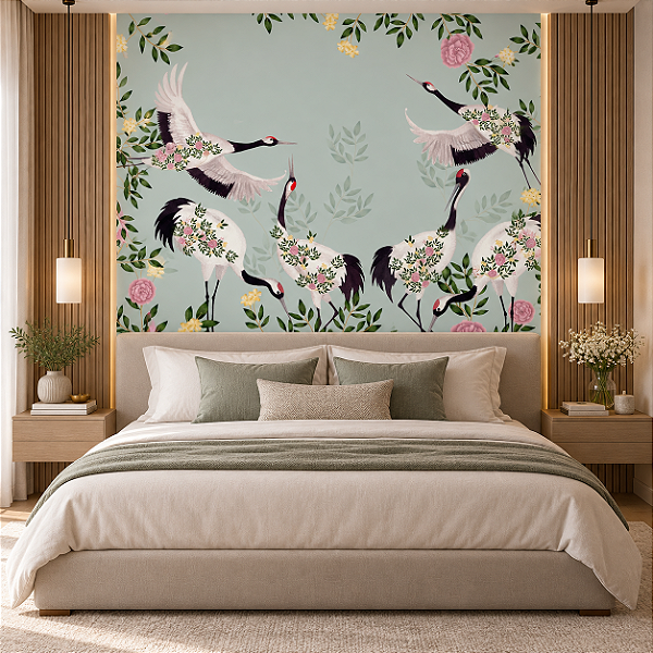 Papel de Parede Personalizado Cisnes e Flores Verde Sob Medida