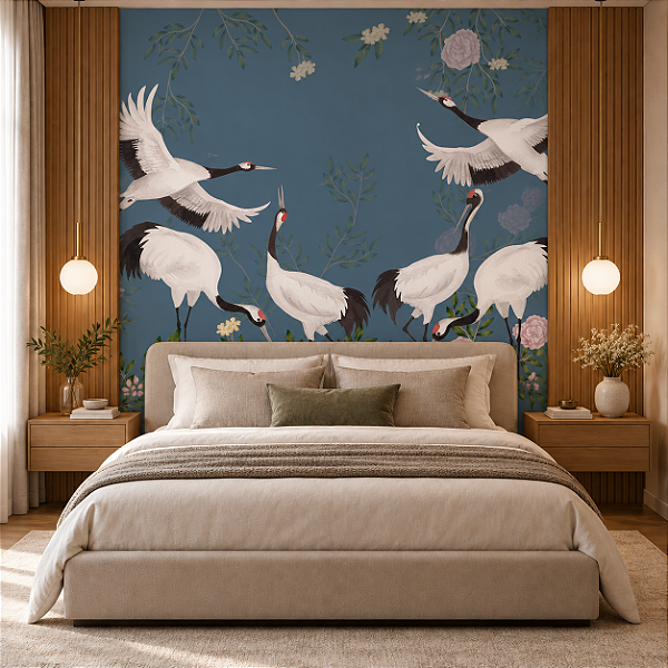Papel de Parede Personalizado Cisnes e Flores Azul 2 Sob Medida