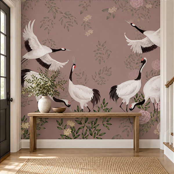 Papel de Parede Personalizado Cisnes e Flores Rosê Envelhecido Sob Medida