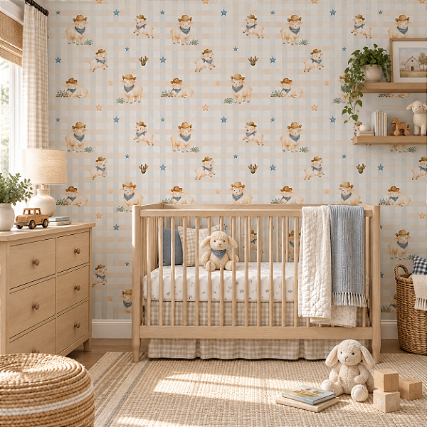 Papel de Parede Infantil Quarto Personalizado Xadrez e Ovelhas Sob Medida