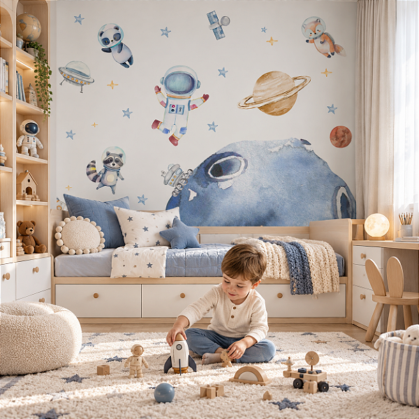 Papel de Parede Infantil Quarto Personalizado Missão Espacial Sob Medida
