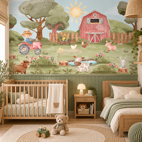 Papel de Parede Infantil Personalizado Quarto Menino na Fazendinha Sob Medida