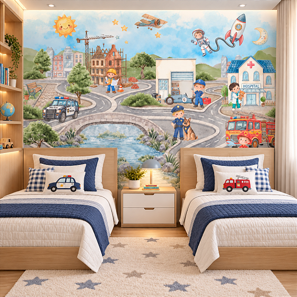 Papel de Parede Infantil Quarto Personalizado Cidade das Profissões Sob Medida