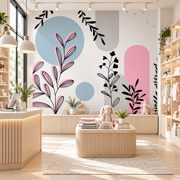 Papel de Parede Personalizado Traços Botânicos Rosa Sob Medida