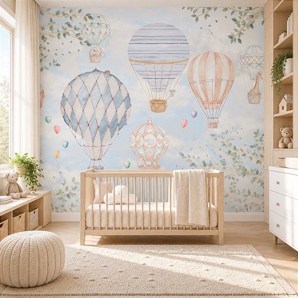 Papel de Parede Infantil Personalizado Balões e Animais Aquarela Sob Medida