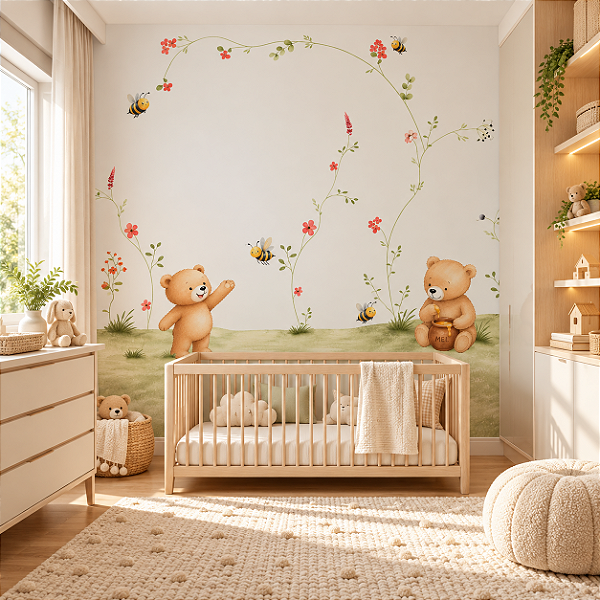 Papel de Parede Infantil Personalizado Ursos e Abelhas Sob Medida