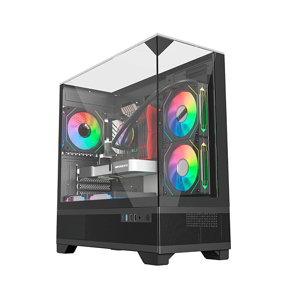 Gabinete Gamer Liketec Mahal Dark - Mid Tower, USB 3.0+2x1.1, Aquário, Teto de Vidro, Vidro Panorâmico - Preto