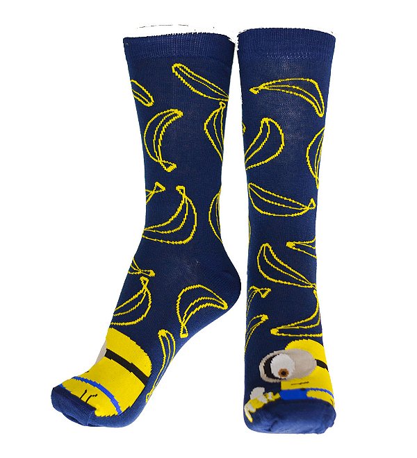 Meia azul escuro minion e bananas desenhadas