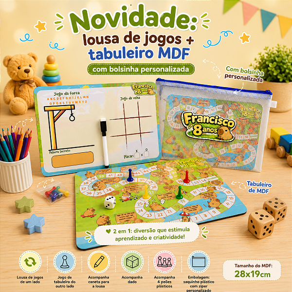 Jogo de tabuleiro e lousa no saquinho com zíper - personalizados