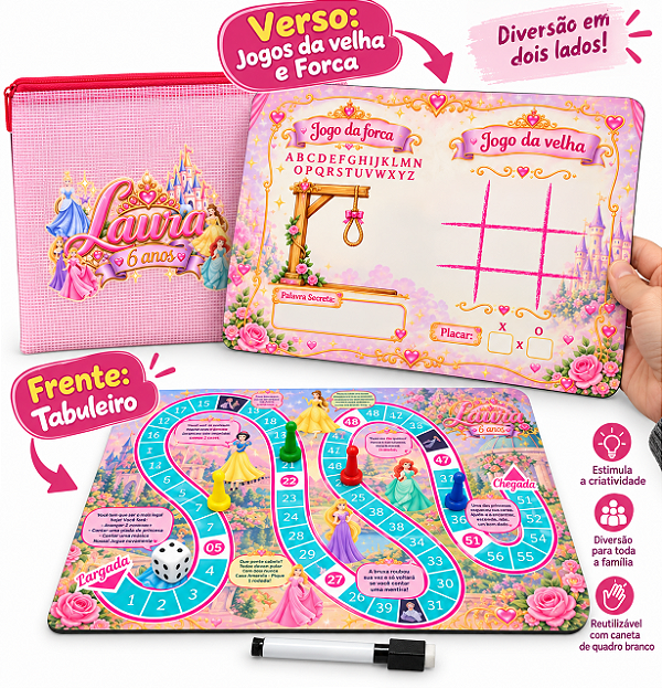 Jogo de tabuleiro e lousa no saquinho com zíper - personalizados princesas e príncipes