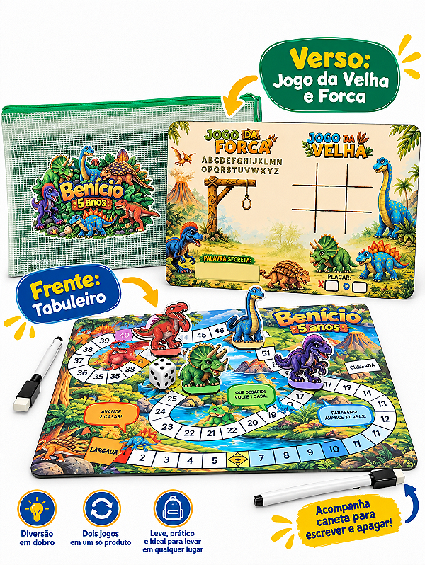 Jogo de tabuleiro e lousa no saquinho com zíper - personalizados dinossauros
