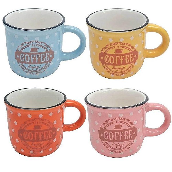 Conjunto  4 Xícaras De Café Poá Em Cerâmica 60 Ml