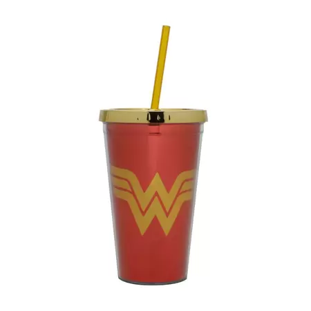 Copo com Canudo Wb DC Or WW Shinny Logo Vermelho e Amarelo 500 Ml