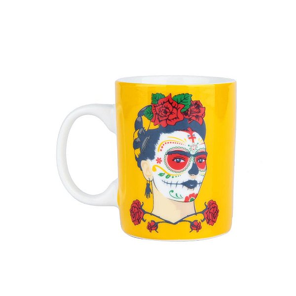 Mini Caneca Cerâmica Frida Kahlo Face Fendo Amarelo 140 Ml