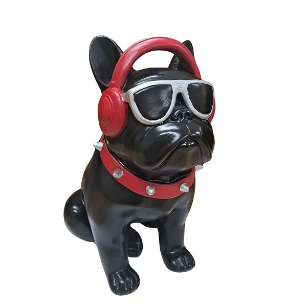 Cachorro Resina Preto Com Fone e Óculos DECO DOG-10
