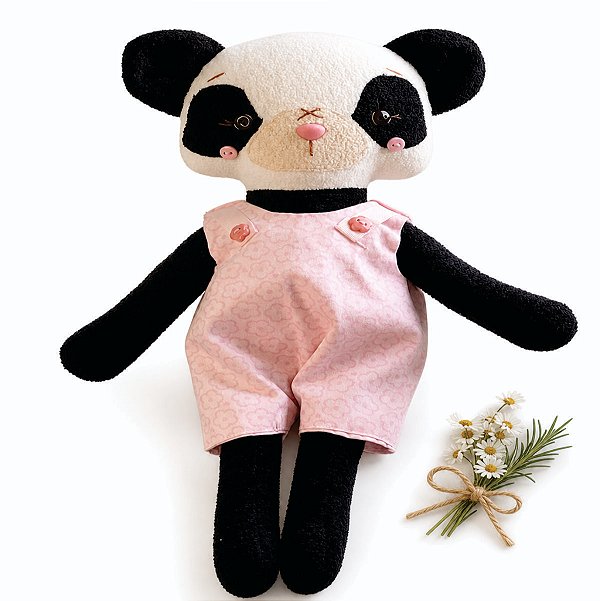 Urso Panda Boneca de Tecido Artesanal Roupinha Rosa