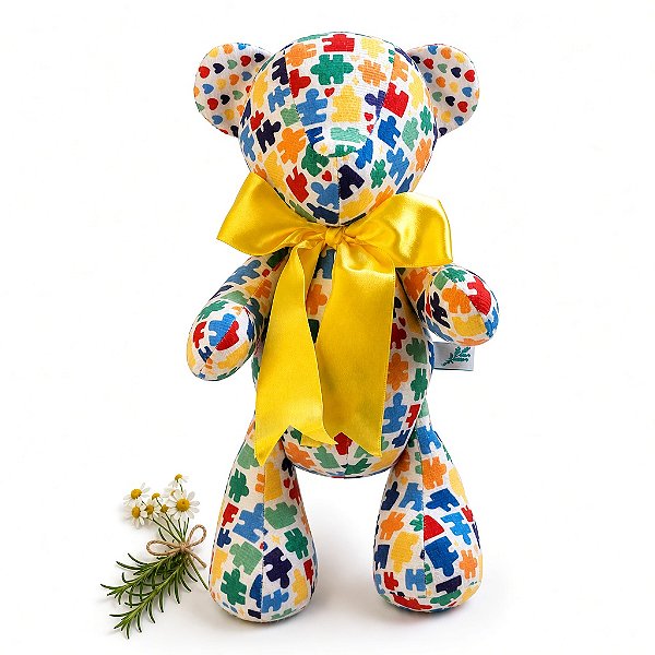 Urso de Tecido Autismo Coração Amarelo