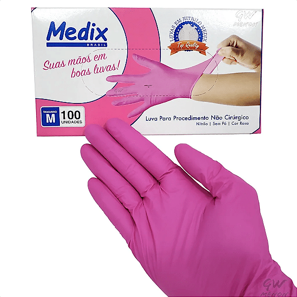 Luva Nitrilica S/ Po Rosa Tam M - Caixa c/ 100 unidades - Medix Brasil