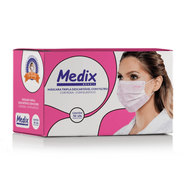 Mascara Tripla Descartável com Filtro (BFE) Rosa com 50 unidades - Medix Brasil
