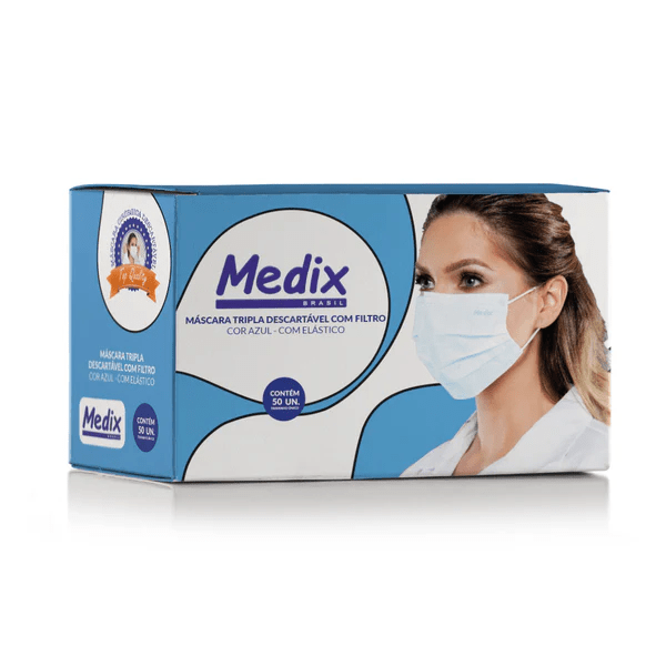 Mascara Tripla Descartável com Filtro (BFE) Azul com 50 unidades - Medix Brasil