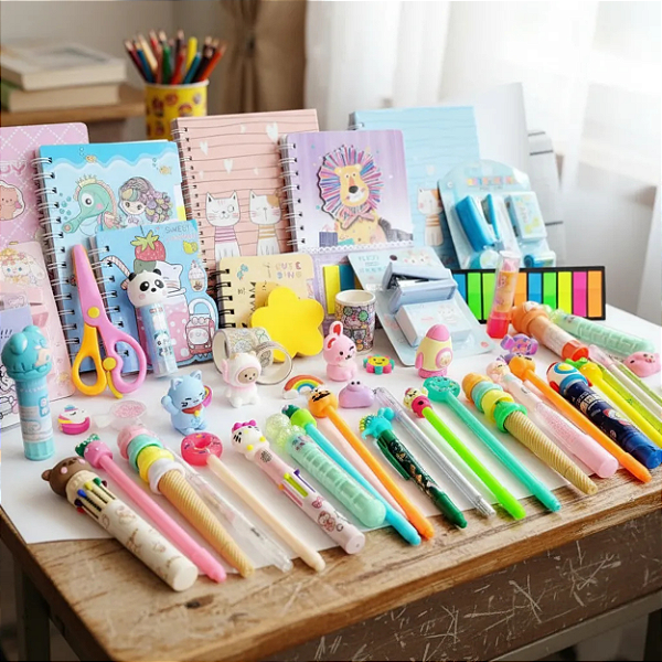 kit Papelaria Fofa Presente Criativo 12 itens Escolar infantil Divertido Marca-texto Bloquinhos