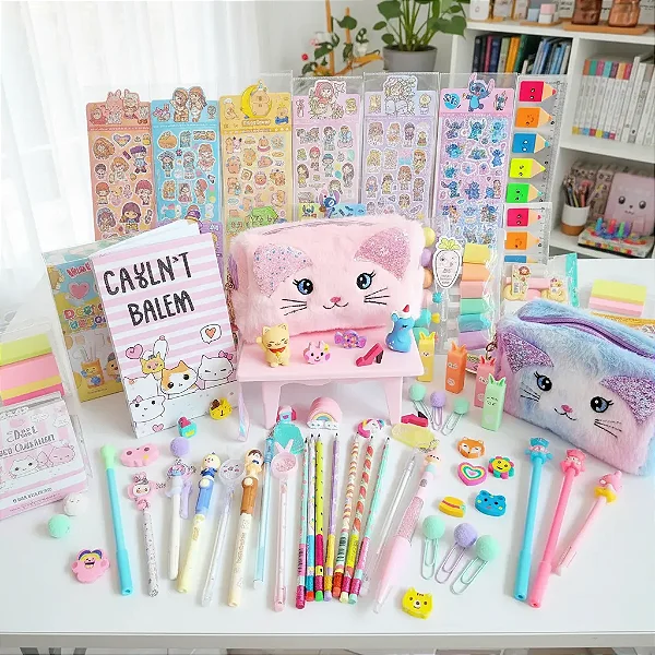 Kit Papelaria Fofa Presente Criativo 20 itens Escolar infantil Divertido Estojo Pelucia