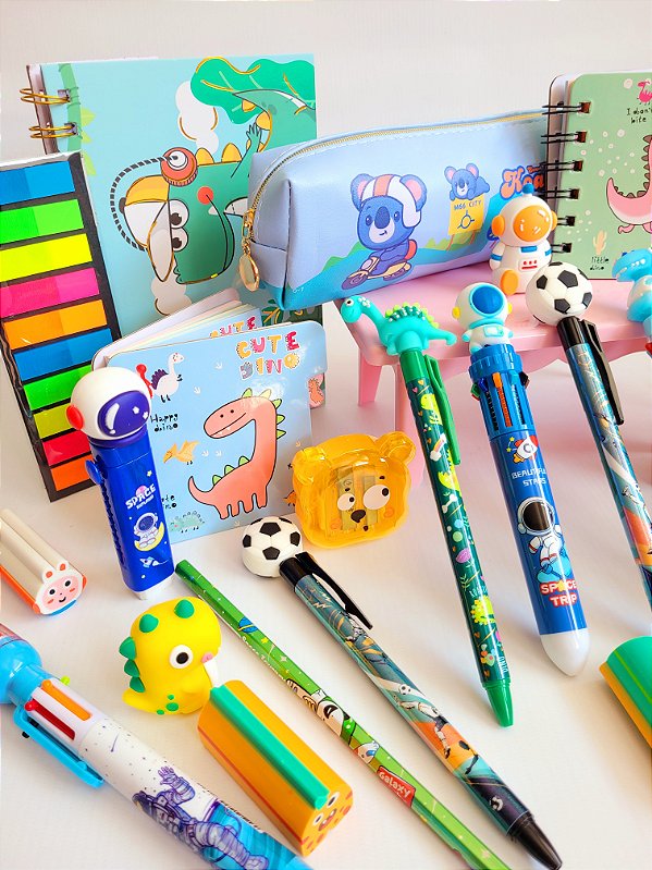 Kit Papelaria Fofa Menino Presente Criativo 12 itens Escolar infantil Divertido