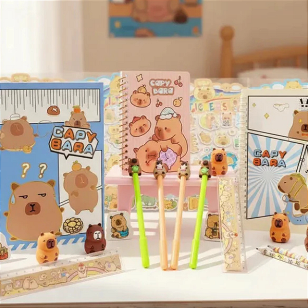 Kit Papelaria Fofa Presente Kawaii Escolar Capivara Fofa Criativa