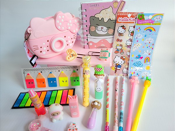 Kit Papelaria Fofa Presente kawai Criativo 20 itens Escolar infantil Divertido Marca texto Bloquinhos