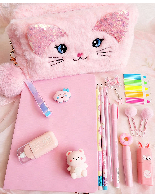 Lançamento 2026 Kit Papelaria Mundo Rosa Kawaii Estojo Marca texto Papelaria dos Sonhos