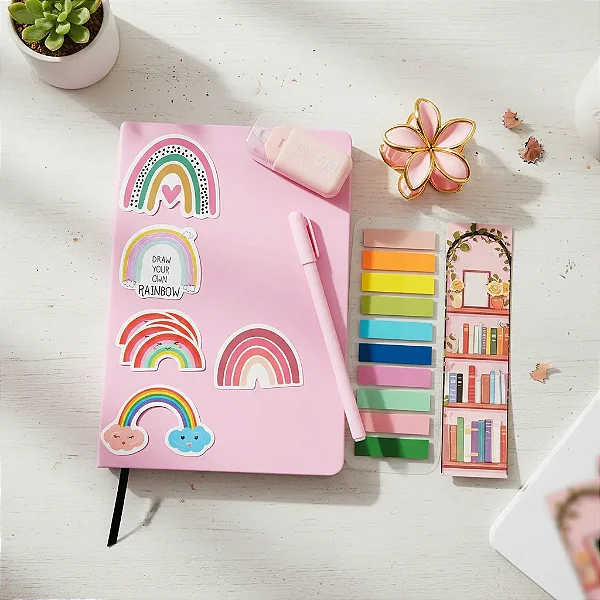 Lançamento 2026 Kit Papelaria Floral Luxo Tons Rosa Kawaii