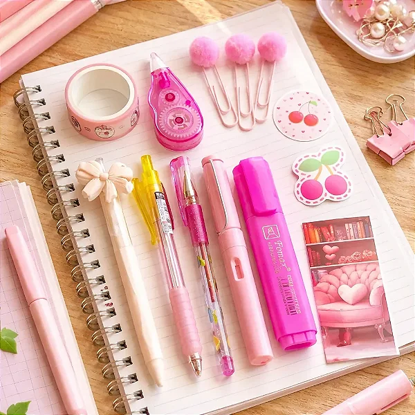 Kit Papelaria 16 Itens Fofos Presente Kawai Escolar Rosa