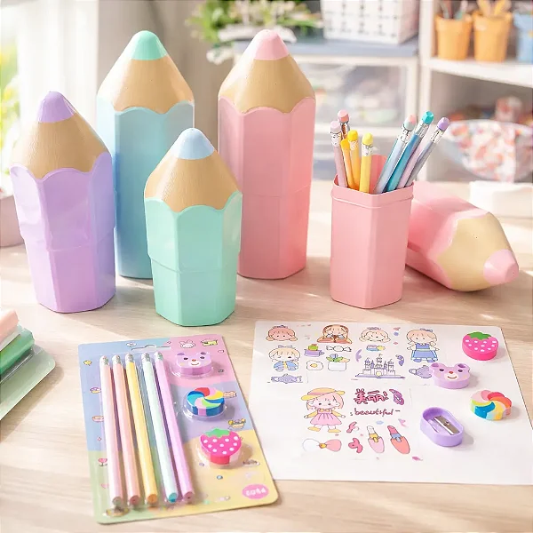 Kit Papelaria Escolar Estojo Lápis Borracha Adesivos Lilas