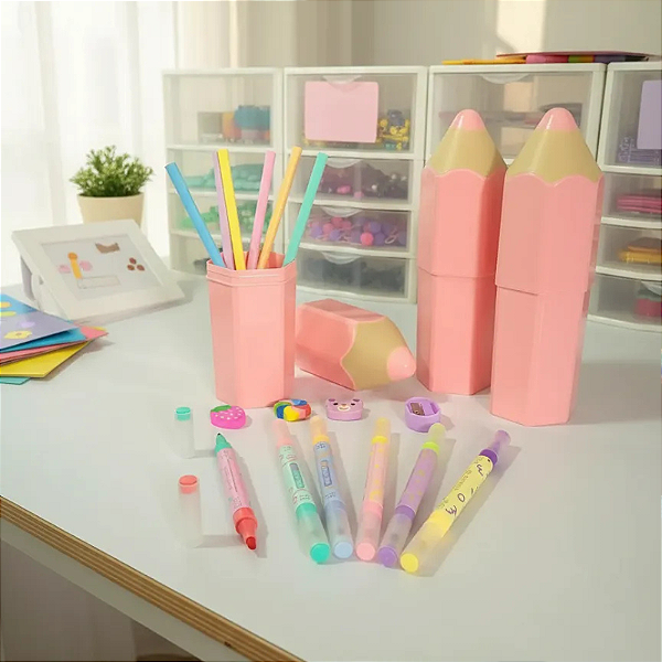 Kit Escolar Lápis Colorido Papelaria Criativa Kawai Rosa