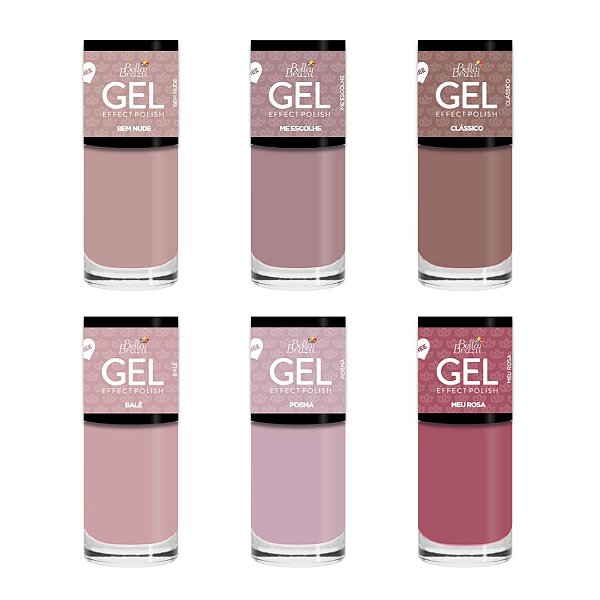 Kit 6 Esmaltes Nudes e Rosas Efeito Gel FREE Bella Brazil - 858, 859, 860, 861, 862, 863.