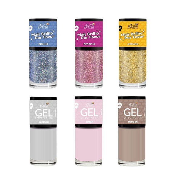 Kit 06 Esmaltes Glitter e Esmalte Efeito Gel Bella Brazil 9ml