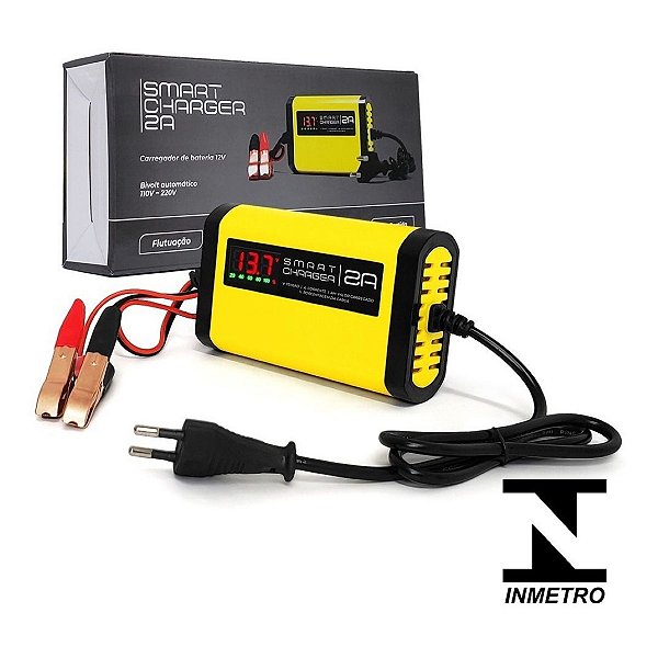 Carregador de Bateria Automotivo Smart Charger 2A Digital 12V Voltímetro Amperímetro Indicador de Carga Moto