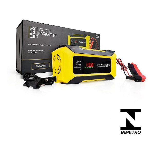 Carregador de Bateria Automotivo Smart Charger 8A Digital 12V Voltímetro Amperímetro Indicador de Carga Carro Moto