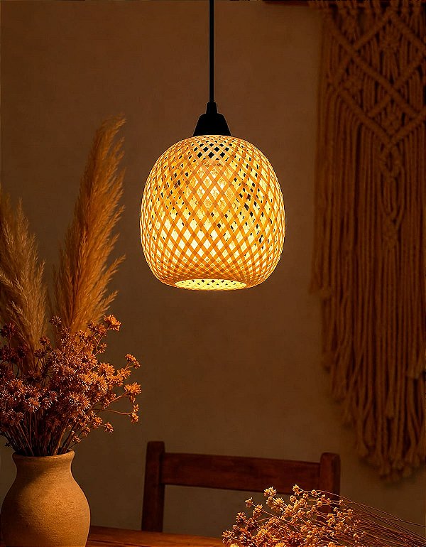 Luminária de Teto Lustre Pendente Bambu Luzza Maya 18 Fio Preto