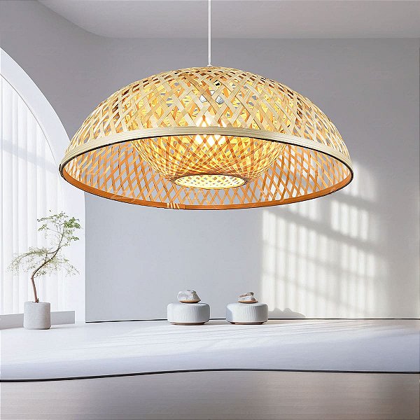 Luminária de Teto Lustre Pendente Bambu Luzza Tulum 45 Fio Branco Rústico