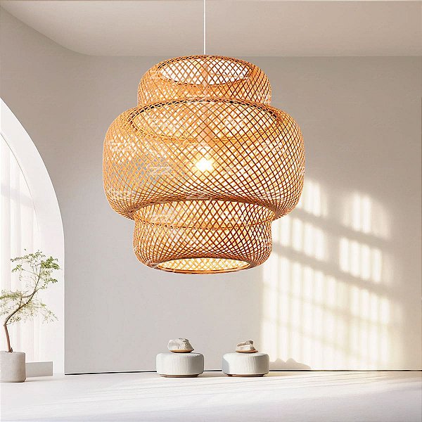 Luminária de Teto Lustre Pendente Bambu Luzza Cayman 35 Fio Branco