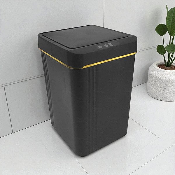 Lixeira Inteligente Yuna Mood Sense 13L Bateria Recarregável Suporte Sacos Interno Preto Dourado